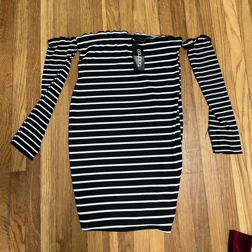Boohoo Striped Off the Shoulder Dress